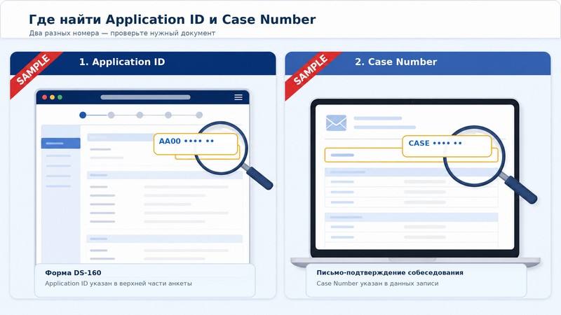 Расположение Application ID на форме DS-160 и Case Number в письме-подтверждении