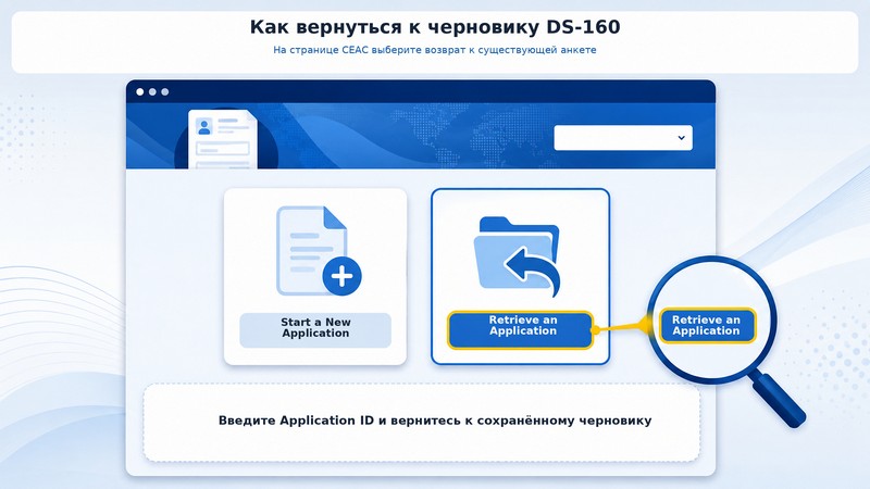 Страница CEAC с выделенной кнопкой Retrieve an Application для возврата к черновику DS-160