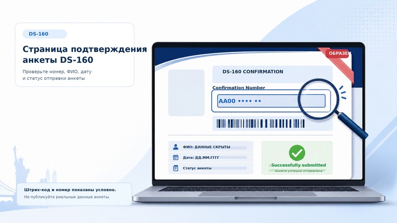 Пример страницы подтверждения DS-160 с выделенным номером и штрих-кодом