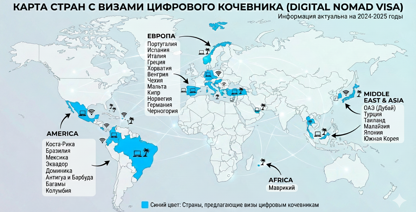 Карта мира, на которой отмечены страны, предлагающие визы цифровым кочевникам