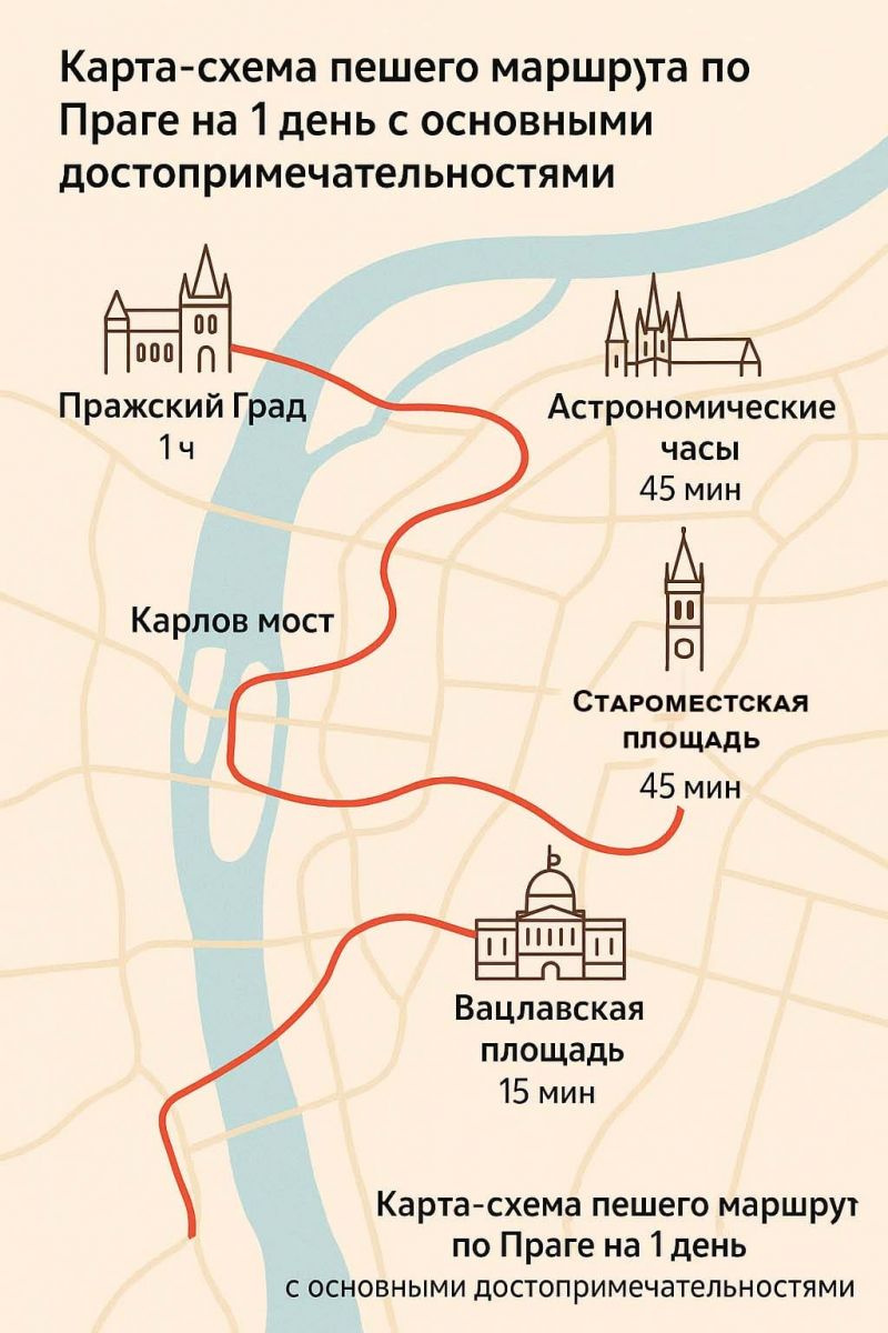 Карта-схема пешего маршрута по Праге на 1 день с основными достопримечательностями