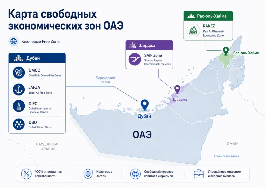 Карта ОАЭ с выделенными ключевыми Free Zone в Дубае и других эмиратах