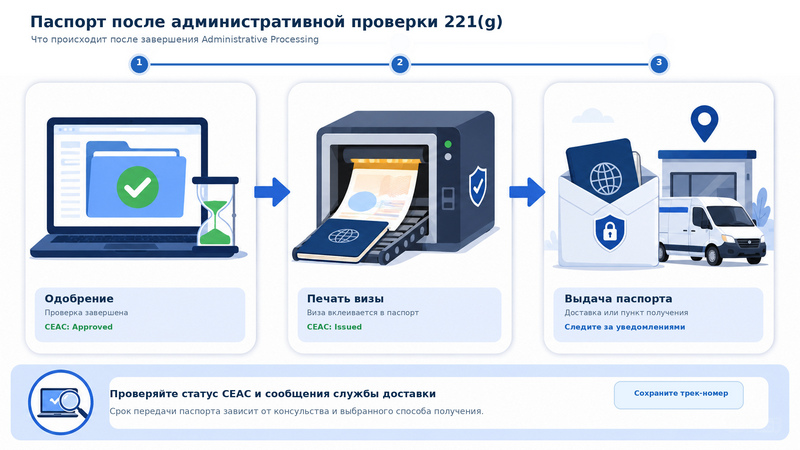 Этапы получения паспорта с визой после административной проверки 221(g): одобрение, печать визы и доставка паспорта