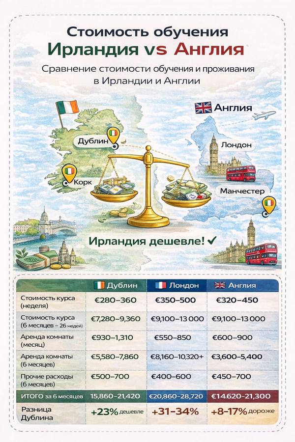 Инфографика: Стоимость обучения Ирландия vs Англия