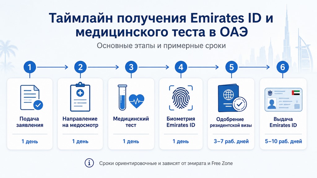 Этапы получения Emirates ID и медицинского теста с указанием сроков каждого этапа