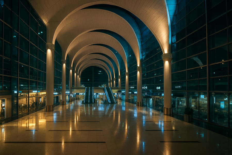 Терминал Международного аэропорта Дубая (DXB) Современный терминал Международного аэропорта Дубая (DXB) ночью
