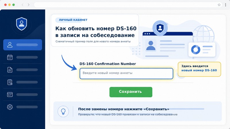 Скриншот личного кабинета ustraveldocs с полем для обновления номера DS-160